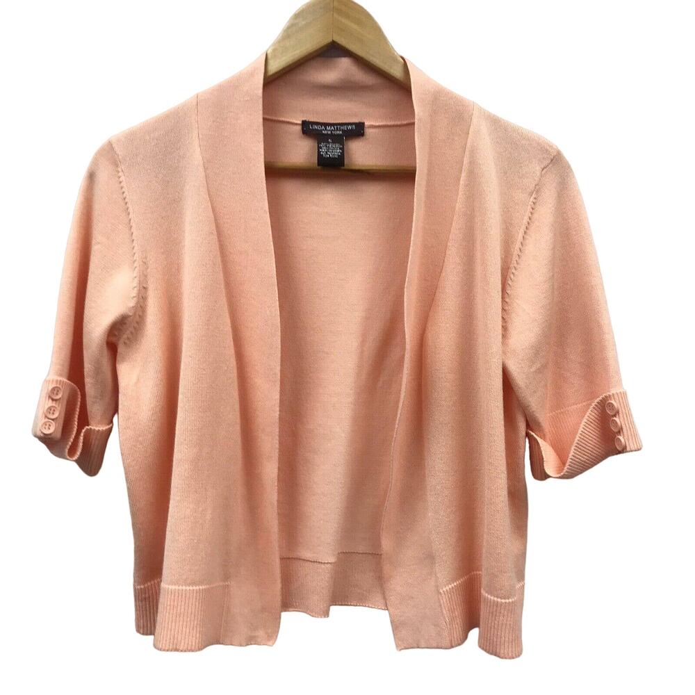 Linda Matthews Sweater Womens Small Orange Open Front Cardigan